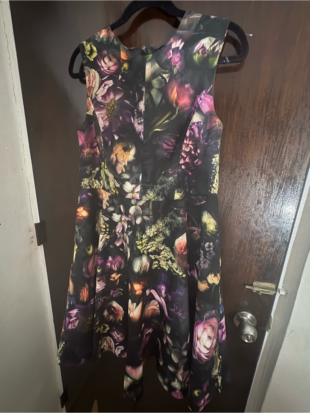 Ted Baker Black Floral Cocktail Dress with Pink, Purple & Yellow Blooms. Size 5.